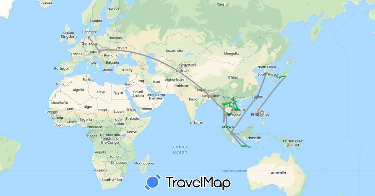 TravelMap itinerary: driving, bus, plane, train, boat, motorbike in Austria, Germany, Indonesia, Japan, Cambodia, South Korea, Laos, Malaysia, Philippines, Singapore, Thailand, Taiwan, Vietnam (Asia, Europe)